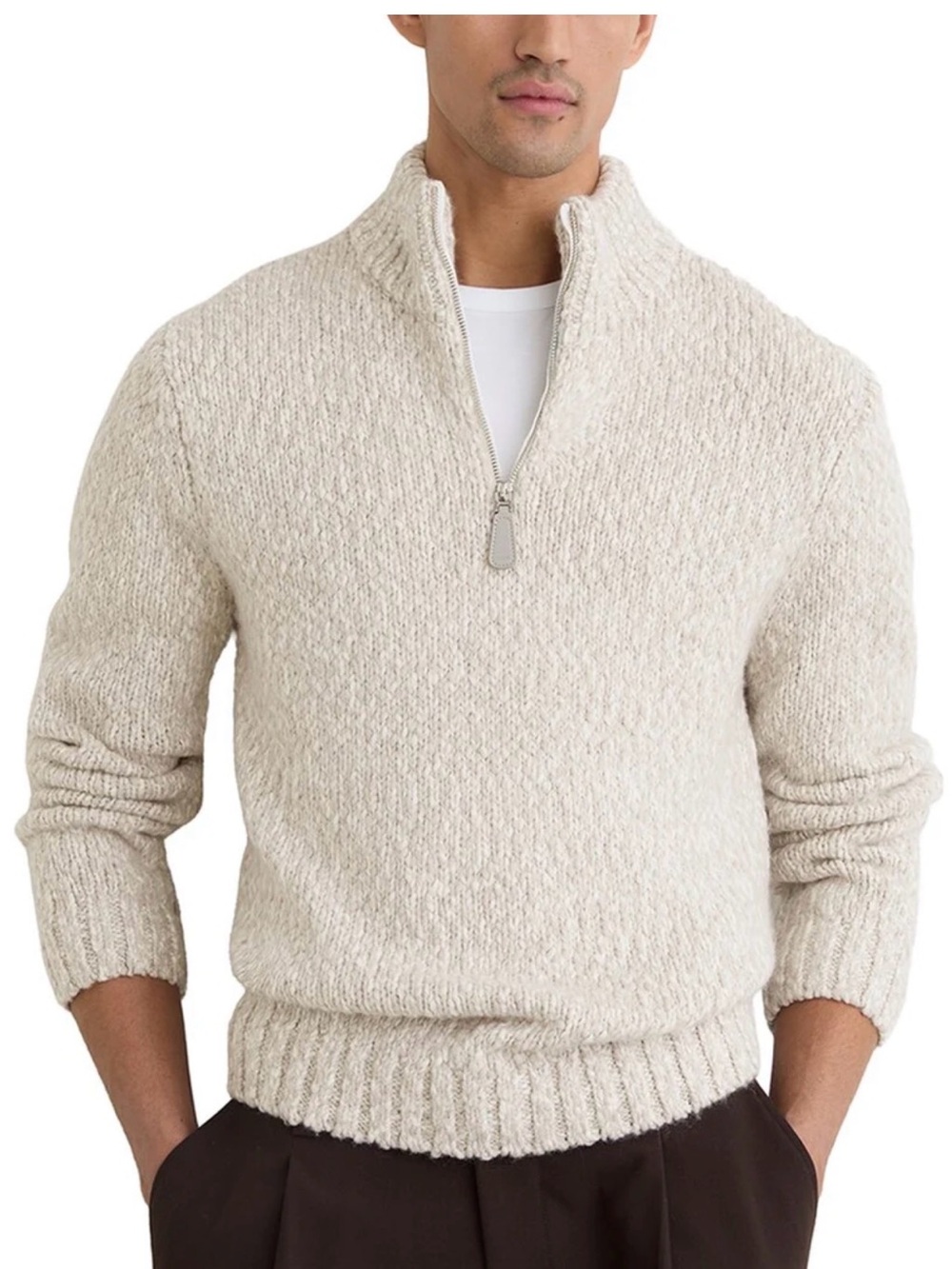 Reiss Men’s Cream Zip-Neck Textured Knit Sweater